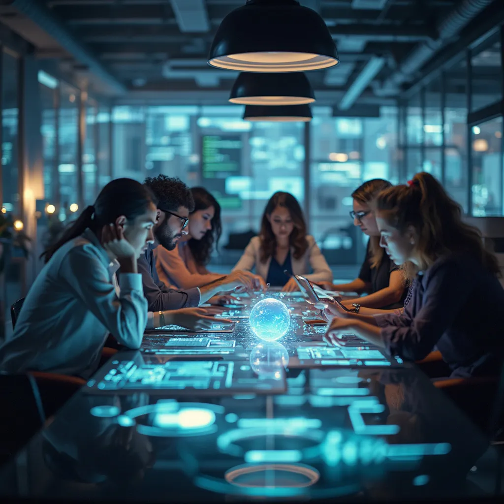 Equipo colaborando en un espacio de oficina moderno y futurista