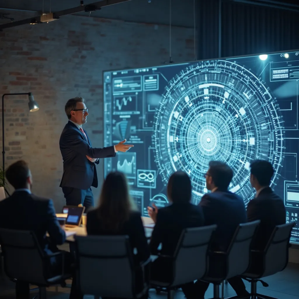 Consultor presentando una estrategia en una pantalla holográfica