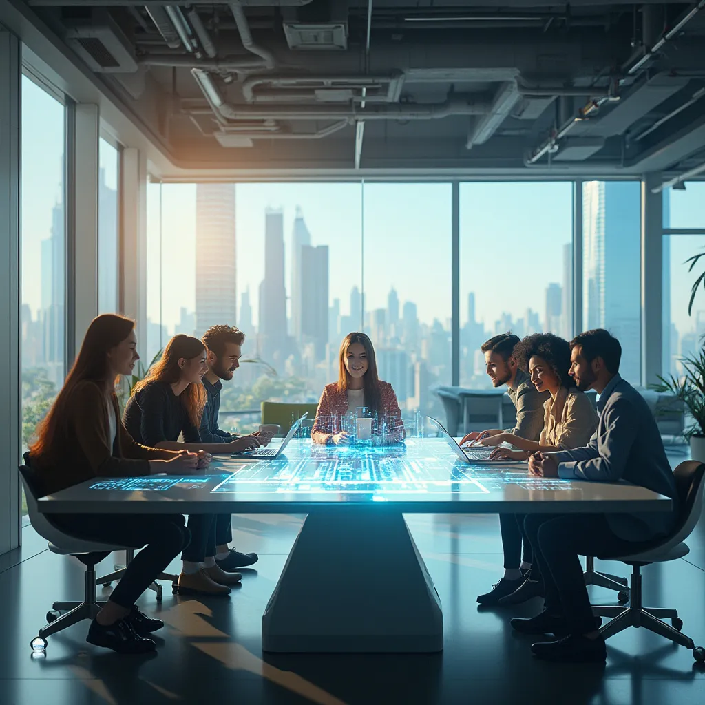 Oficina futurista con equipo colaborando en proyectos innovadores