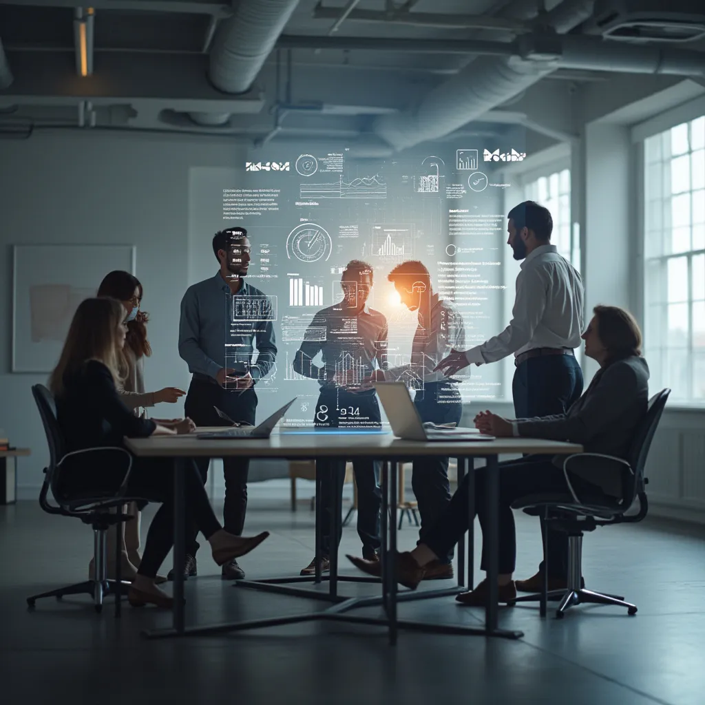 Equipo de consultores colaborando en una estrategia de negocios futurista